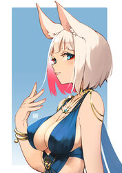  a:n_(angrynum) animal_ear_fluff animal_ears arm_at_side azur_lane bare_shoulders between_breasts blue_background blue_dress blue_eyes blunt_bangs bob_cut bracelet breasts colored_inner_hair commentary_request covered_nipples dress eyelashes eyeliner female fingernails fox_ears gem hand_up jewelry kaga_(azur_lane) kaga_(exalted_white_wings)_(azur_lane) large_breasts lipstick looking_at_viewer makeup multicolored_hair nail_polish necklace official_alternate_costume outside_border parted_lips red_hair red_nails short_hair sideways_glance sleeveless sleeveless_dress smile solo upper_body white_hair 