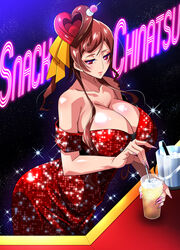  alcohol bare_shoulders breasts brown_hair cleavage dango_hair_ornament dress drinking_straw female food-themed_hair_ornament hair_ornament heart heart_hair highres ice ice_bucket large_breasts long_hair nail_polish off_shoulder pink_eyes pink_nails raisuta red_dress solo yuugiri_(zombie_land_saga) zombie_land_saga 