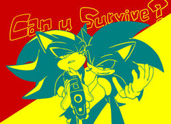  2013 anthro clothing duo english_text eulipotyphlan gloves grin gun half-closed_eyes handgun handwear hedgehog holding_gun holding_object holding_ranged_weapon holding_weapon looking_at_viewer male mammal narrowed_eyes ranged_weapon restricted_palette root8beat sega shadow_the_hedgehog smile sonic_the_hedgehog sonic_the_hedgehog_(series) text weapon 