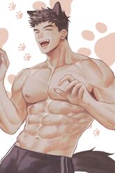  1boy abs animal_ears bara blush brown_hair closed_eyes collarbone commentary dog_boy dog_ears dog_tail grin groin hands_up highres hip_bones light_blush male_focus mole mole_on_cheek muscular muscular_male navel nipples obliques open_mouth original pangpang_0327 paw_print paw_print_background pectorals short_hair smile solo symbol-only_commentary tail topless_male very_short_hair 