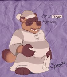  2020 absurd_res animal_crossing anthro belly brown_body brown_fur canid canine clothing english_text fur hat headgear headwear hi_res male mammal nightcap nintendo overweight overweight_anthro overweight_male pajamas raccoon_dog solo spectral-bat tanuki text tom_nook_(animal_crossing) 