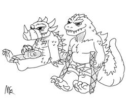  anguirus anthro band-aid bandage claws crutch digital_media_(artwork) duo godziban godzilla godzilla_(series) hi_res horn icepack kaiju male medical_instrument monochrome monster reptile rochasaurusrex scalie scientific_instrument simple_background smile spikes teeth toho 