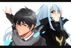  1boy 1other androgynous black_eyes black_hair blue_hair ciel_(tensei_shitara_slime_datta_ken) closed_mouth fingerless_gloves formal gloves hair_between_eyes hands_up heterochromia long_hair long_sleeves mikami_satoru open_mouth red_eyes rimuru_tempest sakusan_yousoeki simple_background smile tensei_shitara_slime_datta_ken water white_background yellow_eyes 