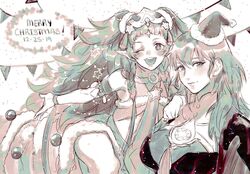  2girls braid byleth_(female)_(fire_emblem) byleth_(fire_emblem) christmas christmas_ornaments closed_mouth fire_emblem fire_emblem:_three_houses fire_emblem_heroes fur_trim greyscale hair_ornament hat krazehkai long_hair medium_hair merry_christmas mini_hat monochrome multiple_girls one_eye_closed open_mouth pointy_ears pom_pom_(clothes) santa_hat sothis_(fire_emblem) sothis_(winter)_(fire_emblem) tiara twin_braids 