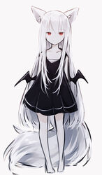  albino animal_ears arms_behind_back barefoot black_dress closed_mouth collarbone colored_skin commentary dress english_commentary female full_body highres long_hair looking_at_viewer low_wings mini_wings miyu_(miy_u1308) original red_eyes sidelocks simple_background sleeveless sleeveless_dress solo tail very_long_hair white_background white_hair white_skin wings wolf_ears wolf_tail 