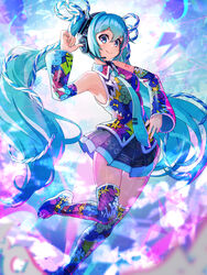  aqua_eyes aqua_hair aqua_necktie black_skirt blue_sleeves blue_thighhighs boots commentary detached_sleeves female full_body graffiti_print hand_on_own_hip hatsune_miku hatsune_miku_expo headphones headset highres kurohanesawa leg_up long_hair looking_at_viewer lucky_orb_(vocaloid) miniskirt necktie pleated_skirt pointing pointing_at_self rope shirt skindentation skirt sleeveless sleeveless_shirt smile solo thigh_boots thighhighs thumbs_up tie_clip twintails very_long_hair vocaloid zettai_ryouiki 