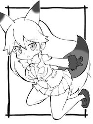  animal_ears blush border bow bowtie ezo_red_fox_(kemono_friends) female fox_ears fox_tail fur_trim gloves greyscale jacket kemono_friends long_hair long_sleeves looking_at_viewer monochrome no_socks open_mouth outside_border pleated_skirt shoes simple_background skirt solo tail white_background zubatto_(makoto) 