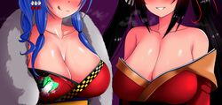  2girls azur_lane black_hair blue_hair breast_focus breasts chinese_clothes cleavage evil_grin evil_smile grin highres huge_breasts licking_lips multiple_girls naughty_face official_alternate_costume purple_background shiny_skin smile st._louis_(azur_lane) st._louis_(spirits_in_the_snow)_(azur_lane) steam sweat taihou_(azur_lane) the_only_shoe tongue tongue_out upper_body 