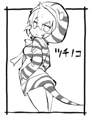  :3 animal_ears border character_name closed_mouth cowboy_shot female greyscale hair_between_eyes hands_in_pockets hood hoodie kemono_friends long_sleeves looking_at_viewer monochrome neck_ribbon outside_border panties panty_peek ribbon short_hair simple_background smile snake_tail solo standing striped_clothes striped_hoodie striped_tail tail translated tsuchinoko_(kemono_friends) underwear white_background zubatto_(makoto) 