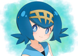  blue_eyes blue_hair blue_sailor_collar bright_pupils closed_mouth commentary_request female freckles hairband kouzuki_(reshika213) lana_(pokemon) looking_at_viewer no_sclera pokemon pokemon_(anime) pokemon_sm_(anime) portrait sailor_collar shirt short_hair smile solo upper_body white_pupils white_shirt yellow_hairband 