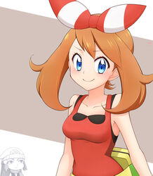  2girls bare_arms blue_eyes breasts brown_hair closed_mouth collarbone commentary_request dawn_(pokemon) eyelashes fanny_pack highres kouzuki_(reshika213) long_hair looking_at_viewer may_(pokemon) multiple_girls pokemon pokemon_dppt pokemon_oras red_shirt shirt sleeveless sleeveless_shirt smile upper_body yellow_bag 