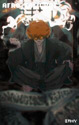  1boy absurdres afro afro_samurai barefoot black_hakama blurry blurry_foreground character_request hakama heart heart-shaped_eyewear highres indoors japanese_clothes kiseru male_focus orange_hair sitting smoke smoking smoking_pipe solo sunglasses to/garashi window zutto_mayonaka_de_ii_no_ni 