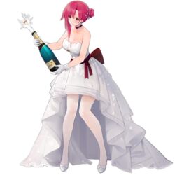  alcohol azur_lane bare_shoulders black_prince_(azur_lane) black_prince_(pop_the_cork)_(azur_lane) bottle champagne_bottle dress female full_body hair_bun hair_ornament high_heels highres looking_at_viewer official_alternate_costume official_art pink_eyes pink_hair single_hair_bun solo standing suisai_(suisao) thighhighs transparent_background white_dress white_footwear white_thighhighs wine_bottle 