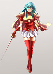  absurdres aqua_hair armor blue_eyes blush boots breastplate eirika_(fire_emblem) female fingerless_gloves fire_emblem fire_emblem:_the_sacred_stones gloves gradient_background highres holding holding_sword holding_weapon long_hair miniskirt rapier red_gloves red_thighhighs short_sleeves simple_background skirt smile solo sword thigh_boots thighhighs weapon white_skirt yozu_(yozu0420) 