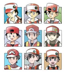  1990s_(style) 1boy 2000s_(style) :&lt; absurdres annotated backpack backwards_hat badge bag baseball_cap black_eyes black_hair black_shirt brown_eyes brown_hair buttons closed_mouth collarbone commentary_request decade_comparison fingernails hand_on_headwear hat highres holding holding_poke_ball jacket looking_at_viewer looking_to_the_side male_focus multiple_persona official_style open_mouth parted_lips poke_ball poke_ball_(basic) pokemon pokemon_frlg pokemon_lgpe pokemon_rgby pokemon_sm pokemon_stadium popped_collar prototype_design red_(pokemon) retro_artstyle sawa_(soranosawa) shirt smile sugimori_ken_(style) teeth tongue v-shaped_eyebrows 