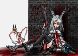  1other absurdres ak-47 angilliergrayte_(zizitatajian) animal_ears arknights assault_rifle blood coat crossover dead_space deep_wound female frostnova_(arknights) gloves gun guro highres injury kalashnikov_rifle liskarm_(arknights) necromorph one_eye_closed rabbit_ears red_eyes rifle russian_text scar scar_on_face scar_on_nose slasher_(dead_space) solo_focus weapon white_coat white_hair 