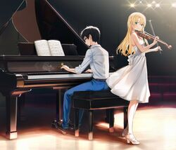  1boy arima_kousei bare_shoulders black-framed_eyewear black_footwear blonde_hair blue_pants bow_(music) chair collared_shirt commentary_request dress female glasses highres holding holding_instrument holding_violin indoors instrument korean_commentary lights looking_to_the_side miyazono_kawori music pants piano piano_bench playing_instrument popuru shigatsu_wa_kimi_no_uso shirt sitting sleeves_rolled_up smile stage standing violin white_dress white_footwear white_shirt 