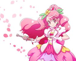  &gt;:) asymmetrical_bangs cherry_blossoms choker collarbone commentary_request cure_grace dress earrings female fighting_stance floating_hair flower flower_(symbol) gloves hair_flower hair_ornament hanadera_nodoka healin&#039;_good_precure healing_animal healing_wand heart heart_hair_ornament heart_print heart_wand highres holding holding_wand jewelry leaf_earrings long_hair magical_girl partial_commentary petals pink_choker pink_dress precure rabirin_(precure) short_sleeves simple_background smile upper_body v-shaped_eyebrows wand white_background white_gloves wind zerolay 