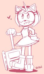  amy_rose anthro biped clothed clothing dress_shirt eulipotyphlan female footwear hammer heart_symbol hedgehog holding_object holding_weapon looking_at_viewer mammal nekuzx sega shirt shoes solo sonic_the_hedgehog_(series) standing tools topwear weapon 