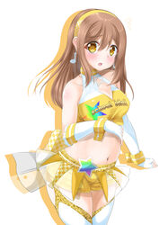  :d absurdres asakawa-san_(8107ka) bare_shoulders blush breasts brown_hair checkered cleavage cleavage_cutout clothes_writing clothing_cutout clothing_request collarbone colored_shadow commentary cowboy_shot crop_top drop_shadow elbow_gloves female fingerless_gloves flying_sweatdrops garter_straps gloves groin hair_between_eyes hairband highres kunikida_hanamaru long_hair looking_at_viewer love_live! love_live!_sunshine!! medium_breasts midriff musical_note_earrings navel open_mouth race_queen shadow shirt short_shorts shorts sidelocks simple_background sleeveless sleeveless_shirt smile solo standing thighhighs white_background white_gloves white_thighhighs wrist_cuffs yellow_eyes yellow_hairband yellow_shorts 