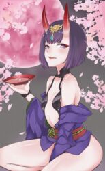  a9_(repainter) bare_shoulders blush bob_cut breasts cherry_blossoms collarbone eyeliner fate/grand_order fate_(series) female full_moon headpiece horns japanese_clothes kimono long_sleeves looking_at_viewer makeup moon obi oerba_yun_fang off_shoulder oni parted_lips purple_eyes purple_hair purple_kimono red_moon revealing_clothes sash short_hair shuten_douji_(fate) sitting skin-covered_horns small_breasts smile solo thighs wide_sleeves 