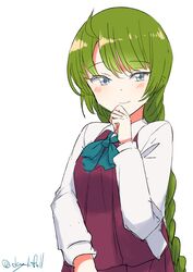  absurdres ahoge braid collared_shirt dress dress_shirt female green_hair halter_dress halterneck highres kantai_collection long_hair looking_at_viewer one-hour_drawing_challenge pleated_dress robinson_(day_l_full) school_uniform shirt simple_background single_braid solo twitter_username upper_body very_long_hair white_background white_shirt yuugumo_(kancolle) 