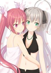  2girls ahoge aqua_eyes breasts cleavage commentary_request cthugha_(nyaruko-san) dress earrings grey_hair hair_ribbon haiyore!_nyaruko-san heart hug jewelry kuro_(chrono) long_hair medium_breasts midriff multiple_girls navel necktie nyarlathotep_(nyaruko-san) pink_eyes red_hair ribbon smile star_(symbol) star_earrings twintails two_side_up very_long_hair white_dress yuri 