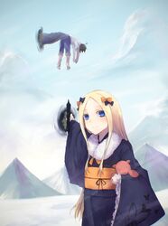  1boy abigail_williams_(fate) animal_print barefoot black_bow black_hair black_kimono blonde_hair blue_eyes blue_pants blush bow butterfly_print closed_mouth commentary_request edward_teach_(fate) edward_teach_(final_ascension)_(fate) ele_tria fate/grand_order fate_(series) female forehead fur_collar hairbow highres hugging_object japanese_clothes kimono long_hair long_sleeves looking_at_viewer mountain obi orange_bow outdoors pants parted_bangs polka_dot polka_dot_bow portal_(object) print_kimono revision sash shirt short_sleeves smile stuffed_animal stuffed_toy teddy_bear tentacle very_long_hair white_shirt wide_sleeves 