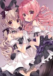  2girls animal_ears ass back_bow bad_id bad_twitter_id black_bow black_legwear blonde_hair blush bow bowtie breasts choker collar commentary_request dress fangs fishnet_pantyhose fishnets frilled_choker frilled_dress frilled_skirt frills glove_bow gloves hair_between_eyes hairbow holding_hands honoka_chiffon looking_at_viewer looking_back low_twintails medium_breasts moka_(honoka_chiffon) multiple_girls off-shoulder_dress off_shoulder open_mouth original pantyhose parted_lips pink_hair pleated_skirt puffy_short_sleeves puffy_sleeves purple_dress purple_eyes rabbit_ears rabbit_girl rabbit_tail rose_(honoka_chiffon) short_sleeves sidelocks skirt smile strapless strapless_dress striped_clothes striped_skirt tail thighhighs tied_hair twintails underbust vertical-striped_clothes vertical-striped_skirt waist_bow wavy_hair white_dress white_gloves 