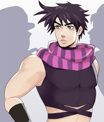  1boy antemeridian bad_id bad_pixiv_id black_hair fingerless_gloves gloves green_eyes jojo_no_kimyou_na_bouken jonathan_joestar joseph_joestar joseph_joestar_(young) kujo_jotaro purple_hair scarf silhouette solo_focus 