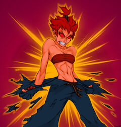  abs akuma_(street_fighter) akuma_(street_fighter)_(cosplay) bad_deviantart_id bad_id bare_shoulders blood blood_from_mouth bracelet breasts cleavage clenched_teeth commentary cosplay dark_persona dougi english_commentary female freideugoi jewelry kasugano_sakura navel no_pupils photoshop_(medium) red_eyes red_hair rope sarashi short_hair small_breasts solo street_fighter street_fighter_zero_(series) tan tearing_clothes teeth toned topknot torn_clothes 