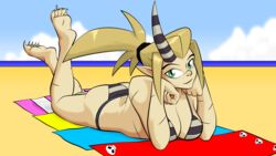  adapted_costume alternate_costume ass bare_shoulders barefoot beach beach_towel bikini black_bikini blonde_hair breasts claws cleavage clenched_hands cloud day feet female full_body green_eyes grey_bikini gscot half_gigan head_rest head_tilt highres horns large_breasts legs_up light_smile long_hair looking_at_viewer lying ocean on_stomach outdoors pointy_ears ponytail scar scrunchie scythana self-upload sidelocks single_horn skull_print skullgirls sky smile soles solo string_bikini striped_bikini striped_clothes swimsuit the_pose towel water 