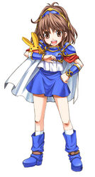  :d arle_nadja armor armored_dress blue_footwear blue_skirt boots brown_eyes brown_hair cape carbuncle_(puyopuyo) commentary_request creature female full_body hairband hand_on_own_hip knee_boots madou_monogatari open_mouth photoshop_(medium) puyopuyo short_hair skirt smile white_background yuru4u 