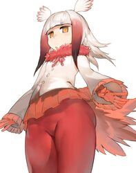  aos buttons closed_mouth cropped_legs expressionless female frilled_sleeves frills from_below gloves half-closed_eyes head_wings japanese_crested_ibis_(kemono_friends) jitome kemono_friends legs long_hair long_sleeves multicolored_hair pantyhose pleated_skirt red_gloves red_pantyhose red_skirt shirt simple_background skirt solo standing tail thighs two-tone_hair white_background white_hair white_shirt wide_sleeves wings yellow_eyes 