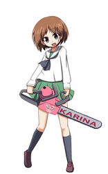  blue_eyes brown_footwear chainsaw female fictional_sister girls_und_panzer kore_wa_zombie_desu_ka? ooarai_school_uniform open_mouth parody sakaguchi_karina school_uniform serafuku shoes socks solo 