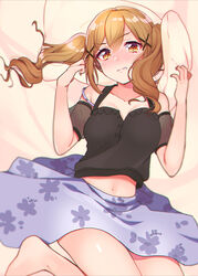  bang_dream! bare_legs bare_shoulders barefoot bbbannooo blonde_hair blue_skirt blush breasts cleavage clenched_teeth collarbone commentary_request detached_sleeves female floral_print from_above hair_ornament highres ichigaya_arisa looking_at_viewer lying medium_breasts medium_skirt midriff navel photoshop_(medium) pillow pillow_grab print_skirt see-through sidelocks skirt solo teeth twintails x_hair_ornament yellow_eyes 