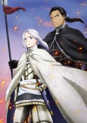  2boys armor arslan arslan_senki black_hair blue_eyes cape daryoon embers highres key_visual manly multiple_boys official_art polearm promotional_art spear sword weapon white_hair 