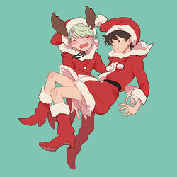  2boys aldnoah.zero animal_costume antlers blush brown_eyes brown_hair carrying chino_kawashiku christmas commentary crossdressing hat horns kaizuka_inaho male_focus multiple_boys open_mouth photoshop_(medium) princess_carry reindeer_costume santa_costume santa_hat slaine_troyard symbol-only_commentary white_hair 