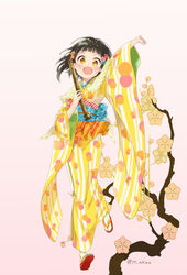  :d :o arm_up black_hair blunt_bangs blush brown_eyes commentary_request female floral_background flower flute full_body furisode gradient_background hair_flower hair_ornament holding holding_instrument instrument japanese_clothes kimono looking_at_viewer miyabi_akino nadeshiko_doremisora obi open_mouth pink_background sandals sash shakuhachi smile solo standing striped_clothes striped_kimono tabi takemi_hiyo twitter_username vertical-striped_clothes vertical-striped_kimono white_legwear wide_sleeves yellow_kimono zouri 