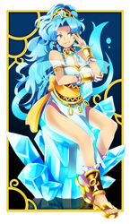  anklet bare_legs blue_background blue_hair bow bridal_gauntlets commentary_request female full_body green_eyes hitopm ice jewelry long_hair madou_monogatari puyopuyo ribbon rulue_(puyopuyo) sandals smile solo very_long_hair 