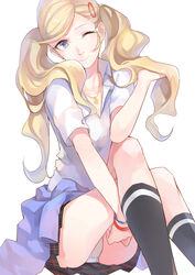  absurdres blonde_hair blue_eyes commentary_request earrings female hair_ornament hairclip highres jewelry long_hair looking_at_viewer necklace one_eye_closed panties pantyshot persona persona_5 photoshop_(medium) plaid plaid_skirt pleated_skirt school_uniform simple_background sitting skirt smile solo takamaki_anne twintails underwear white_background yft000 