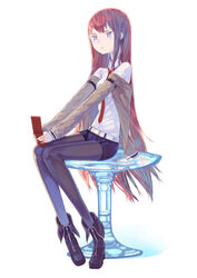  absurdres bad_id bad_pixiv_id black_pantyhose brown_hair cellphone female highres holding leung_ka_che long_hair makise_kurisu necktie pantyhose phone photoshop_(medium) purple_eyes red_necktie shorts simple_background sitting solo steins;gate very_long_hair white_background 