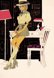  absurdres black_ribbon book bow_legwear bra bra_peek braid brown_eyes button_gap chair collared_shirt commentary_request desk_lamp female flower frilled_socks frills grey_skirt hat hat_ribbon high_heels highres holding holding_book kneehighs lamp looking_at_viewer matsuo_hiromi md5_mismatch neck_ribbon original parted_lips partially_colored pleated_skirt red_flower red_rose ribbon rose shirt sitting sitting_on_table skirt socks solo twin_braids underwear white_hair white_shirt white_socks 