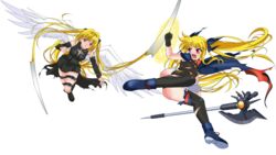  4chan bardiche battle blonde_hair cape drawfag epic fate_testarossa konjiki_no_yami magic_circle mahou_shoujo_lyrical_nanoha nigiriushi red_eyes to_love-ru twintails wings 