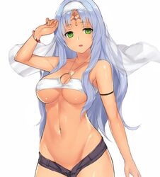  arm_at_side arm_up armlet blue_hair bracelet breasts circle cleavage commentary_request female green_eyes groin halterneck highres jewelry large_breasts light_blue_hair long_hair looking_at_viewer micro_shorts midriff nakamura_nagare navel o-ring o-ring_top open_fly phantasy_star phantasy_star_online_2 shiny_skin shorts sidelocks simple_background solo strapless tube_top underboob veil white_background 