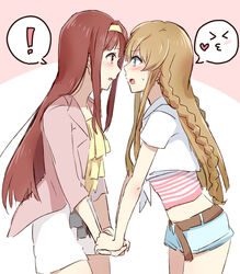  ! &gt;_&lt; 2girls blue_eyes blush braid brown_eyes brown_hair commentary_request face-to-face hairband heart holding_hands idolmaster idolmaster_million_live! kousaka_umi long_hair looking_at_another michigan midriff multiple_girls o3o open_mouth short_shorts short_sleeves shorts spoken_exclamation_mark spoken_expression sweat tanaka_kotoha yellow_hairband yuri 