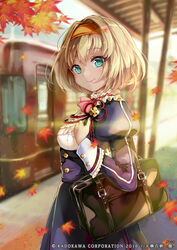  aqua_eyes autumn_leaves bag blonde_hair breasts chatan_nakiri_(tenka_hyakken) closed_mouth commentary_request copyright_name dated day detached_sleeves dress female hairband holding leaf long_sleeves looking_at_viewer medium_breasts official_art outdoors photoshop_(medium) pisuke puffy_sleeves shiny short_dress short_hair solo standing tenka_hyakken train train_station 