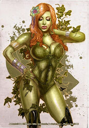  1girls 2d arm_band arm_bands batman_(series) big_breasts bracers breasts busty cedric_poulat closed_eyes corset curvaceous curvy dc dc_comics eyeshadow female female_only flower_in_hair freckles green-skinned_female green_corset green_skin human kneehighs large_breasts leaf leaves lingerie lipstick long_hair makeup mascara metahuman nail_polish orange_hair pamela_isley pink_nail_polish pink_nails pinup plant plants poison_ivy red_hair red_lips red_lipstick solo standing supervillain thick_lips thighs voluptuous x-estacado 