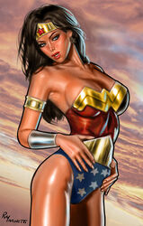  arm_bands armpits big_breasts black_hair blue_eyes bracers breastplate breasts busty cleavage dc dc_comics diana_prince eyeshadow justice_league long_hair makeup mascara raffaele_marinetti red_lips red_lipstick standing tan tiara wonder_woman wonder_woman_(series) 