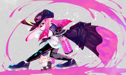  autobomb_(splatoon) baseball_cap black_hat black_neckerchief black_pants blouse blue_footwear closed_mouth commentary female from_side full_body grey_background hat herobrush_(splatoon) highres holding holding_weapon ink_tank_(splatoon) inkling inkling_girl inkling_player_character long_hair looking_at_viewer neckerchief paint_splatter pants pink_hair pointy_ears print_headwear rangetsu_(dawnsky) sailor_collar shirt shoes single_vertical_stripe smirk solo splatoon_(series) splatoon_2 tentacle_hair weapon white_shirt 